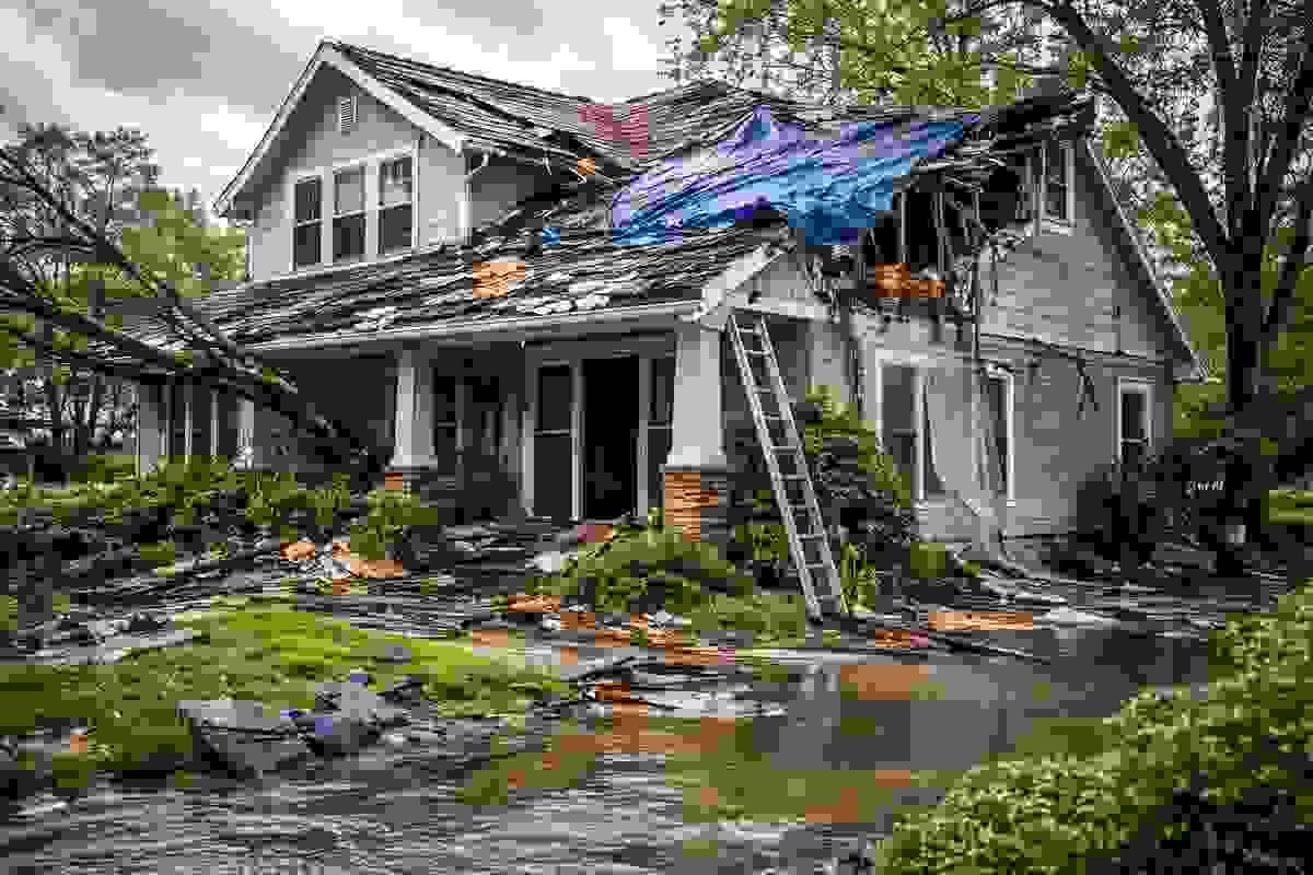 Storm-damaged home with tarp covered roof undergoing restoration after hail damage in Austin, Texas Storm-damaged home with tarp covered roof undergoing restoration after hail damage in Austin, Texas