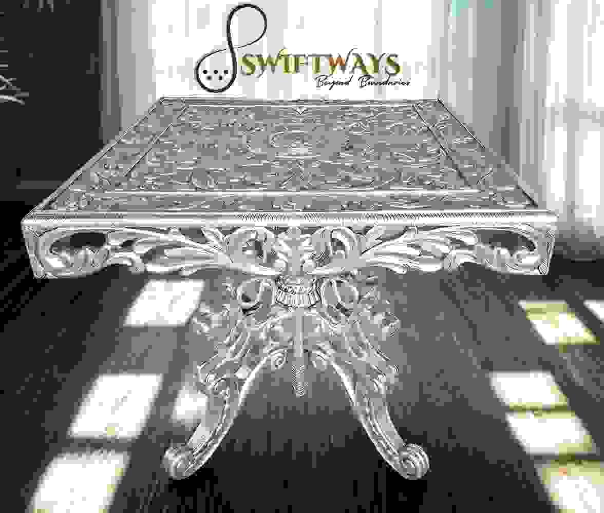At SwiftWays, we pride ourselves on our commitment to craftsmanship. Each piece of furniture is meticulously handcrafted by skilled artisans, blending traditional techniques with modern aesthetics. Our dedication to quality ensures that every item is not just a piece of furniture, but a work of art that brings history into your home. Handcrafted Excellence What We Create Swiftways blends India’s rich heritage of craftsmanship with contemporary design to create bespoke luxury silver furniture. Inspired by centuries-old artistry from the Indus Valley to the Mughal era each handcrafted piece showcases exceptional quality, intricate detailing, and a deep cultural legacy. Committed to sustainability and tradition, Swiftways offers timeless masterpieces that seamlessly fuse history with modern innovation.