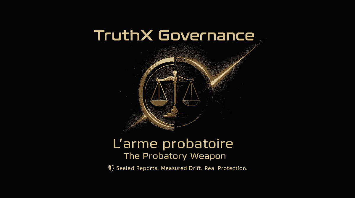 Visuel TruthX Governance : un médaillon doré brisé en deux représente une balance de justice, symbole de preuve et d’équilibre. Slogan : « L’arme probatoire – The Probatory Weapon ». Baseline : « Sealed Reports. Measured Drift. Real Protection. » Ce visuel traduit la mission de TruthX : mesurer les dérives narratives et sceller les preuves pour protéger entreprises et gouvernances.