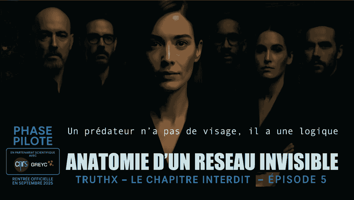 Visuel de campagne TruthX – Épisode 5 du Chapitre Interdit, intitulé « Anatomie d’un réseau invisible ». Une femme au regard déterminé est entourée d’un groupe d’hommes et de femmes en arrière-plan, dans une ambiance sombre et sérieuse. Le slogan « Un prédateur n’a pas de visage, il a une logique » s’affiche au centre, accompagné du badge « Phase pilote – en partenariat scientifique avec le CNRS / GREYC – rentrée septembre 2025 ».