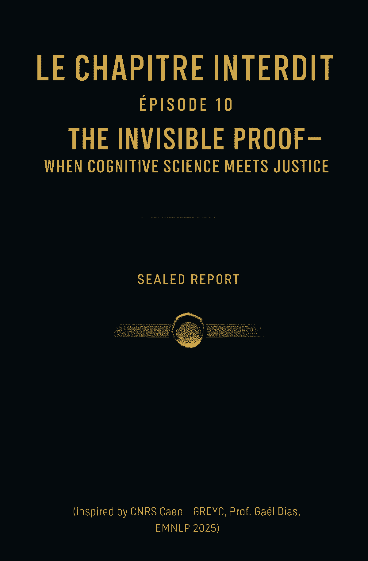 TruthX poster – “Le Chapitre Interdit — Épisode 10 : The Invisible Proof — When Cognitive Science Meets Justice.” A single sealed document lies at the center of a dark blue background, illuminated by a soft, focused golden light. The minimalist design evokes forensic precision, calm authority, and the quiet power of verified truth. The golden Orbitron typography enhances the refined and intellectual tone of the series.
