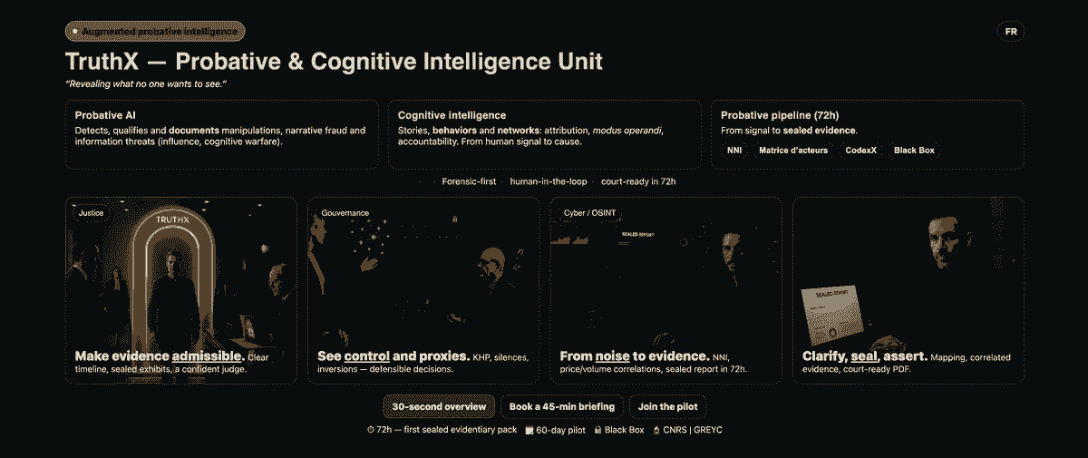 tableau des Détections et qualifications des signaux faibles dans les récits sensibles Découvrez le cœur analytique de TruthX : une IA souveraine qui révèle contrôle coercitif, biais narratifs et dissimulation dans tout contenu écrit.