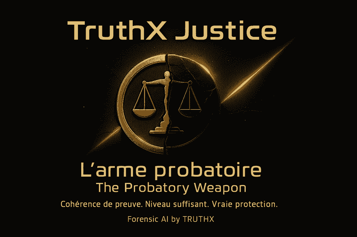 Visuel sombre et élégant représentant le logo doré d’une balance de justice, fissurée en son centre, entourée d’un cercle lumineux. En haut, le titre TruthX Justice. En bas, l’accroche en français L’arme probatoire et en anglais The Probatory Weapon. Sous-titre : Cohérence de preuve. Niveau suffisant. Vraie protection. Signature : Forensic AI by TRUTHX.