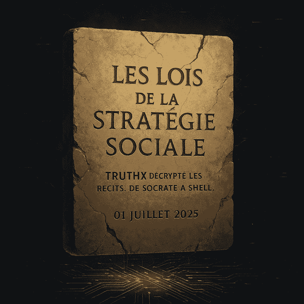 Tablette de pierre fissurée portant l'inscription 'Les Lois de la Stratégie Sociale' en lettres dorées, flottant dans un décor numérique sombre aux effets glitch. En dessous, la mention 'TruthX décrypte les récits. De Socrate à Shell. 01 juillet 2025' souligne le lien entre histoire antique et actualité contemporaine.