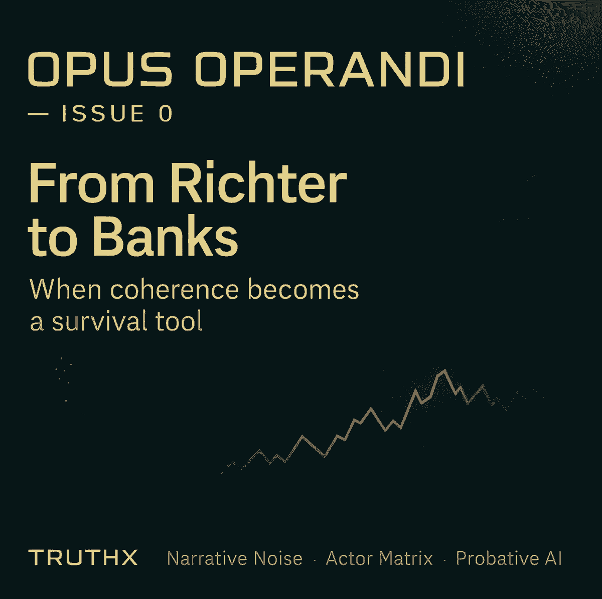 Cinematic digital key visual in a refined fintech/forensic style. Obsidian background with a subtle teal–green vignette (deep #041118 → #0d1f24) and a soft golden rim-glow. Abstract narrative data motifs: a faint red waveform zigzag blending into a market line, translucent network nodes and thin circuit traces, a minimal bank colonnade silhouette on the right fading into mist, and on the left a tasteful lab-timer/beaker echo (Richter reference) dissolved into particles — no animals. Atmosphere = precise, elegant, high-trust. Lighting low-key with premium glossy micro-grain. Leave clean negative space for typography in the upper-left and center-left.