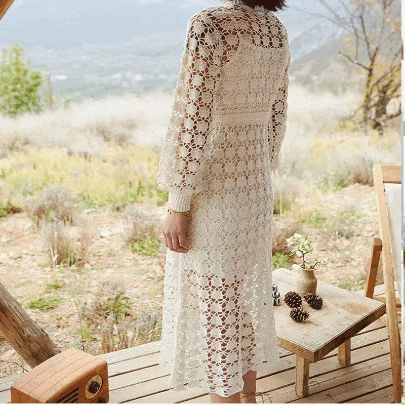 Handmade Crochet Summer Dress - High-End Custom Lantern Sleeve Sheer Knit Gown