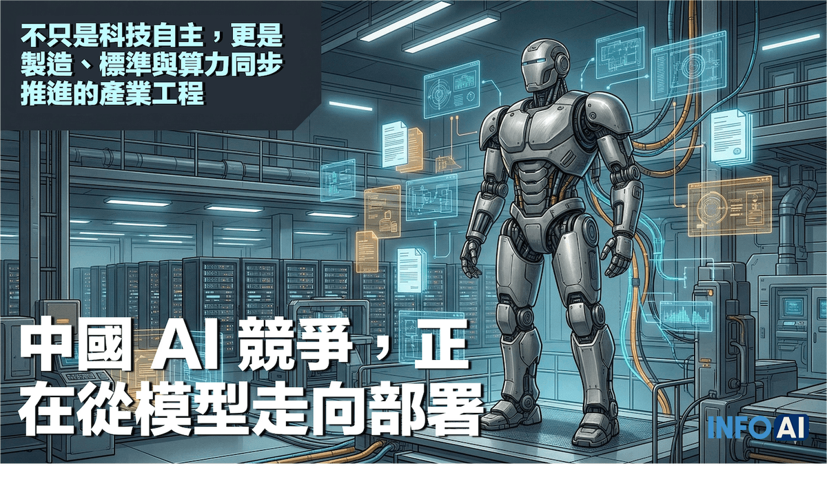 InfoAI | 中國 AI 發展已從模型競賽轉向產業部署。本文從兩會與十五五規劃切入，解析 AI、AI Agents、人形機器人、開源生態與算力基礎設施如何被整合進製造與標準體系，並指出台灣企業應優先檢查流程、責任邊界與導入順序。