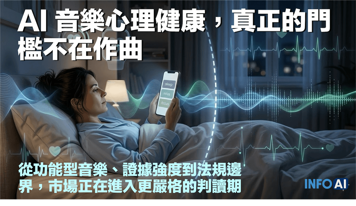 InfoAI | AI 音樂心理健康的關鍵，不在療癒想像，而在功能型音樂的真實定位。本文從證據門檻、產品宣稱與法規邊界切入，釐清 wellness 與治療的差異，適合企業採購、內容平台與醫療團隊判讀市場風險與機會。