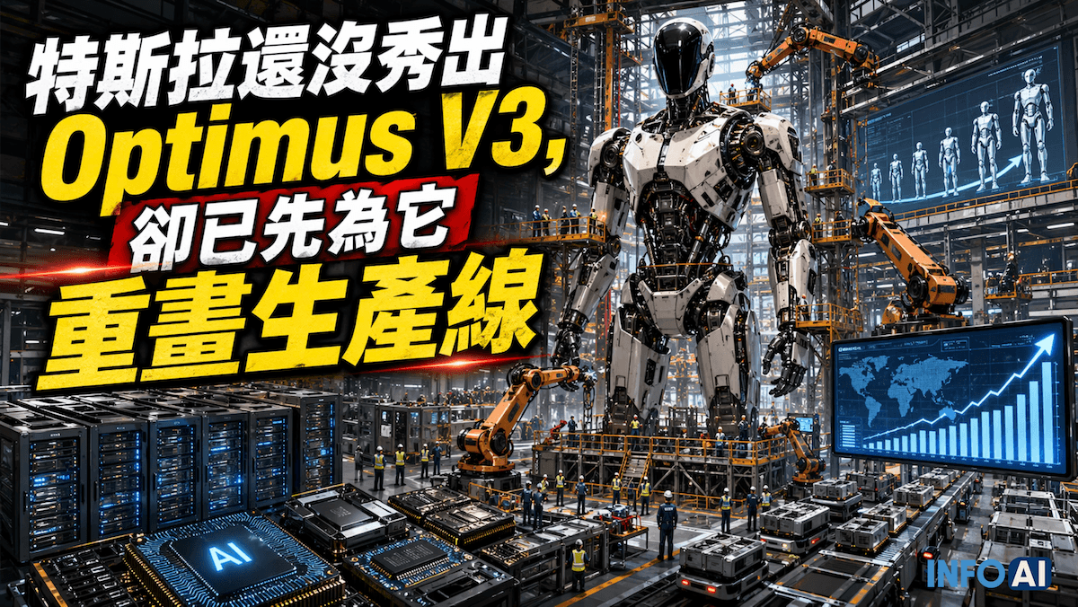 InfoAI | Optimus 這則新聞真正值得看的，不是 V3 何時亮相，而是 Tesla 已先把產線、資本支出與 AI 基礎設施押上去，顯示人形機器人正從展示專案走向量產布局