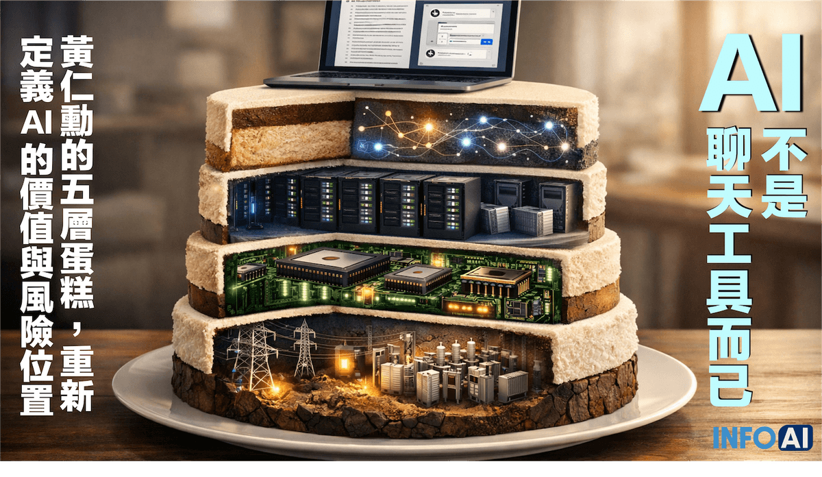 InfoAI | 黃仁勳提出的 AI Is A Five Layer Cake，不只是形容 AI 有五層，而是提醒我們：你每天使用的 AI，其實只是最上層的應用。這篇文章帶你看懂 AI 背後的能源、晶片、基礎設施、模型與應用，如何一起構成真正的競爭邏輯。