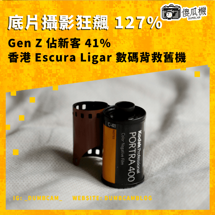 底片攝影 2026, 菲林市場成長 127%, Gen Z 底片, Kodak Ektachrome 2026, Harman Phoenix 2, Escura Ligar, 數碼背模組, 香港底片機, Portra 400 Gen Z, 底片銷售成長, Z 世代菲林, 顆粒質感膠卷, 有意圖性拍攝, 底片復興, Kodak Gold 200, 香港 Escura, Ligar 數碼模組, 菲林新品 2026, 文青底片推薦, 底片社群