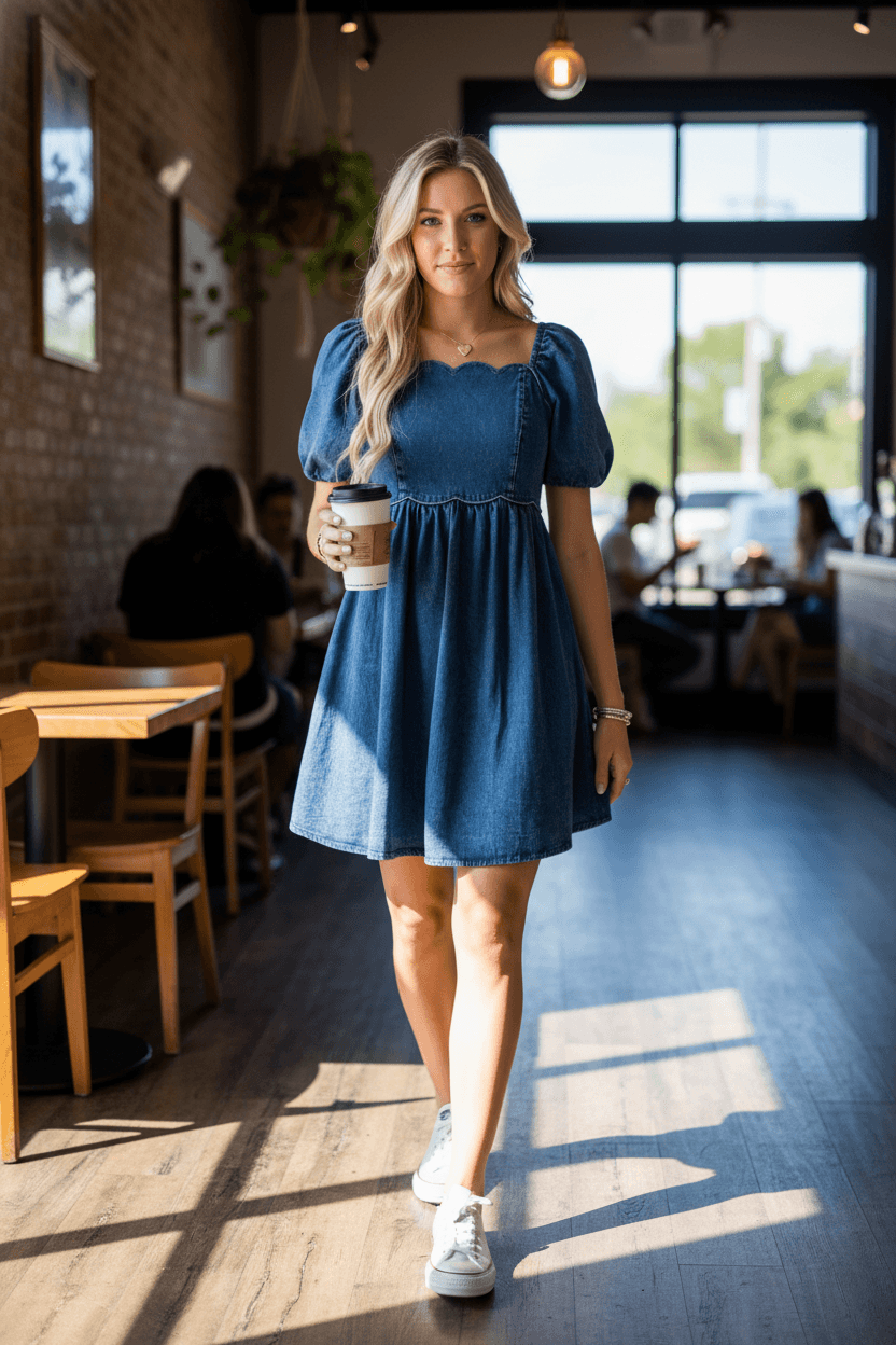 A Woman Wearing A Puff Sleeve Demin Dress #ad #commissionsearned