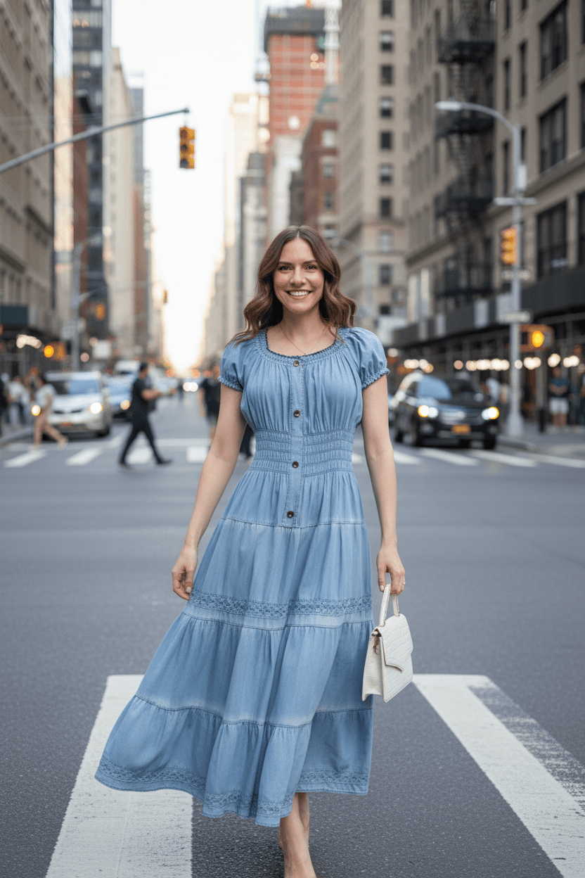 A Woman Wearing A Soft Mid-length Demin Dress  #ad #commissionsearned