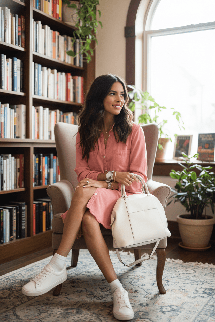 A Woman Wearing A  Demin Shirt Dress  #ad #commissionsearned