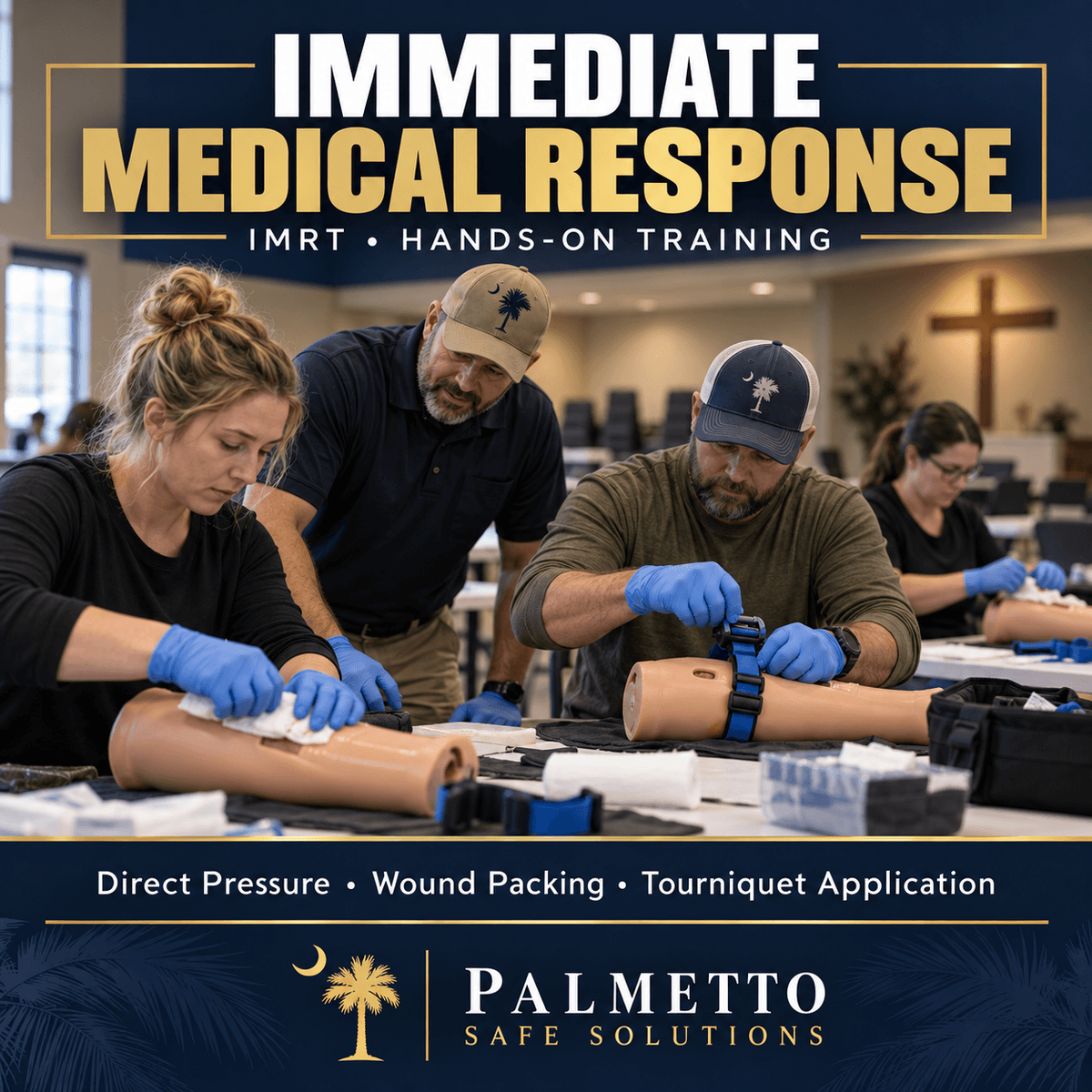 Immediate Medical Response Training: direct pressure, wound packing and tourniquet practice
