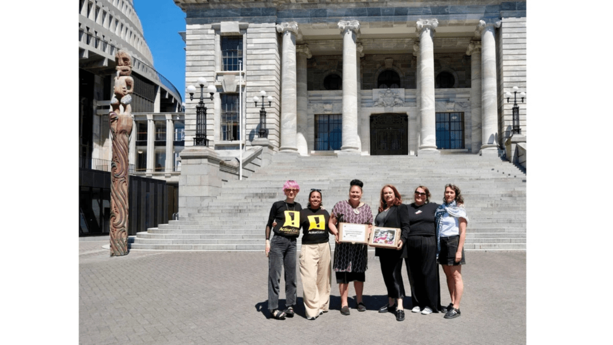 Tory Whanau and Louisa Wall posing with their petitions in fron of the Beehive, along with ActionStation staff