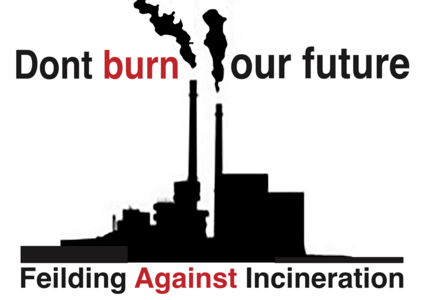 A black and white design of an incinerator with the text: don't burn our future: Feilding against incineration