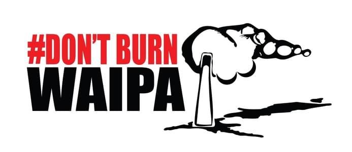 a black and white design showing a smoking chimney, with text: hashtag don't burn Waipa