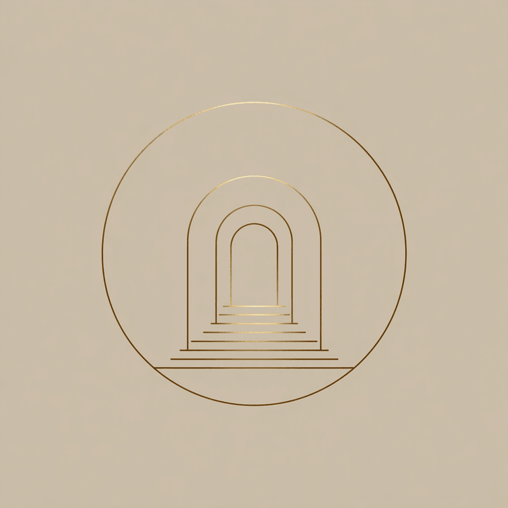 Minimalist gold line icon of an open architectural doorway representing immersive corporate burnout recovery retreats