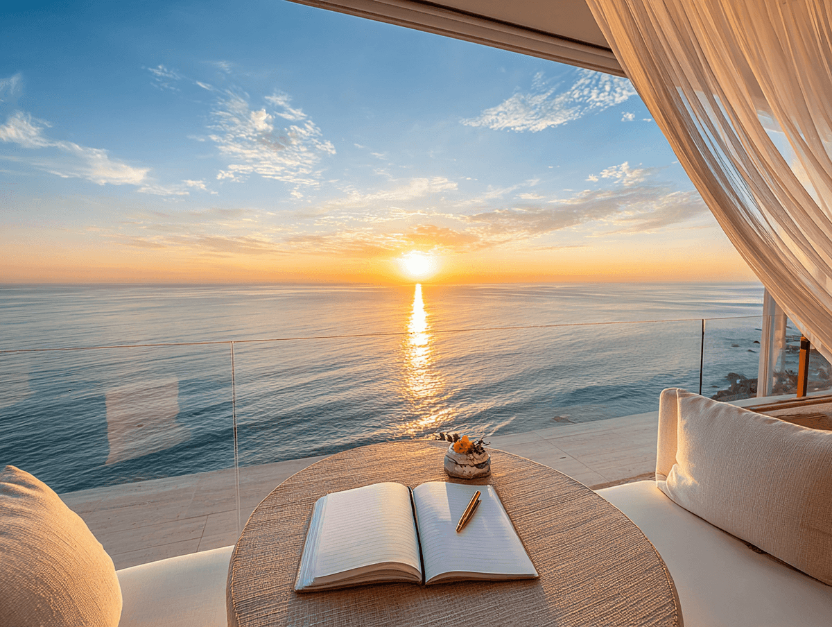 Guest journaling at sunrise during burnout breakthrough session. Guest journaling at sunrise during burnout breakthrough session.