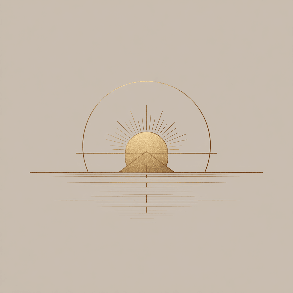 Minimalist gold line icon of a rising sun symbolizing executive renewal and clarity for burnout recovery sabbaticals