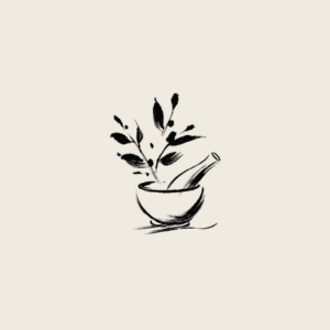 “Sumi-e style icon showing a small bowl, herbs, and a mortar and pestle, symbolizing personalized sensory rituals crafted at the Earth Lab and Alchemy Bar to support grounding and emotional clarity