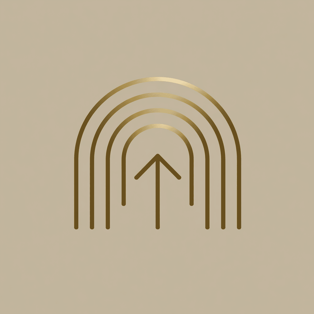 Minimalist gold line icon of ascending arcs symbolizing leadership reintegration, growth, and restored performance capacity