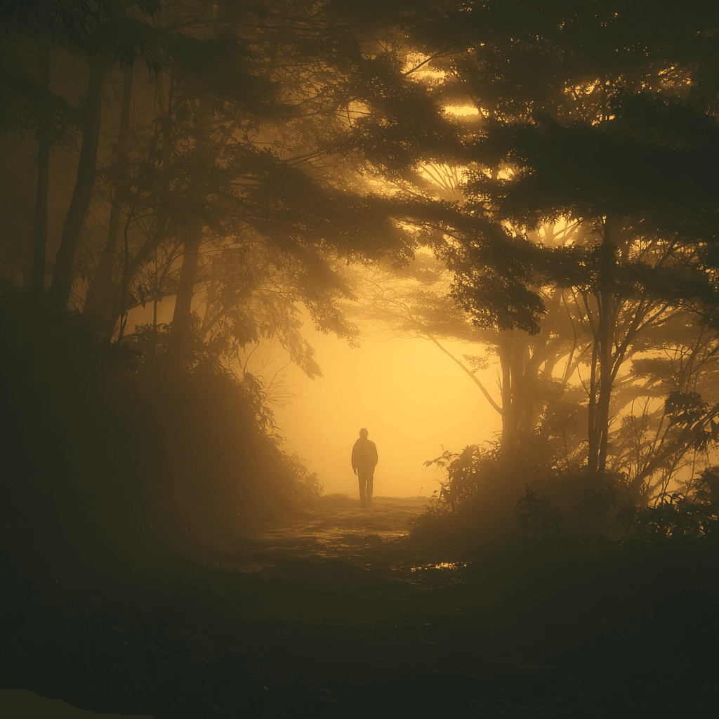 Person walking through soft golden light in a minimalist nature scene symbolizing personal burnout recovery, nervous system healing, and the Revo community experience
