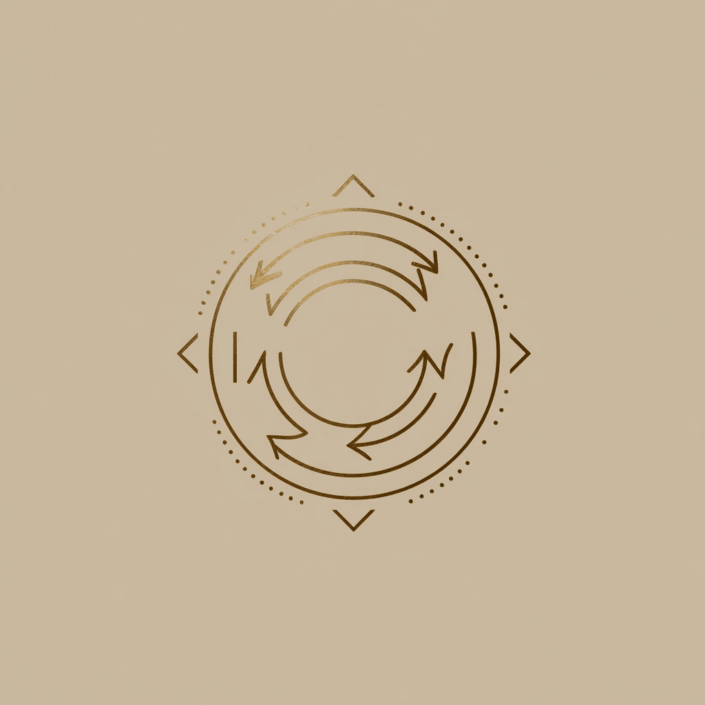 Minimalist gold line icon of a flowing circular cycle symbolizing regenerative work design and sustainable workflow patterns