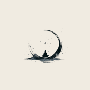 Minimalist Japanese ink icon depicting a seated figure meditating beneath a moon and stars, representing the Nagi signature nighttime ritual for emotional release and renewal