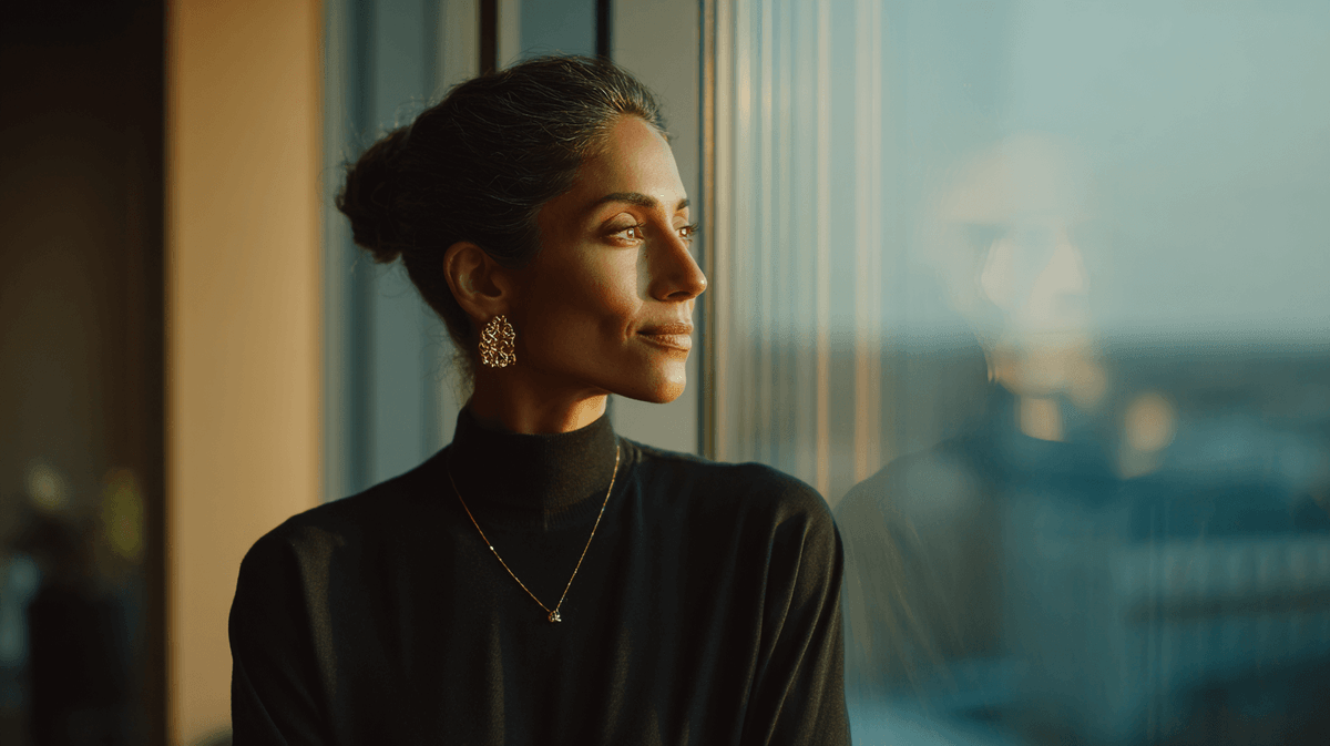 Calm, reflective HR leader in a modern workspace representing emotional intelligence and organizational wellbeing