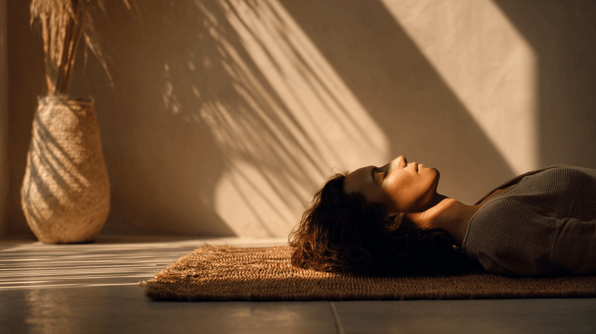 Somatic breathwork practice in a quiet luxury wellness space supporting nervous system healing and burnout recovery