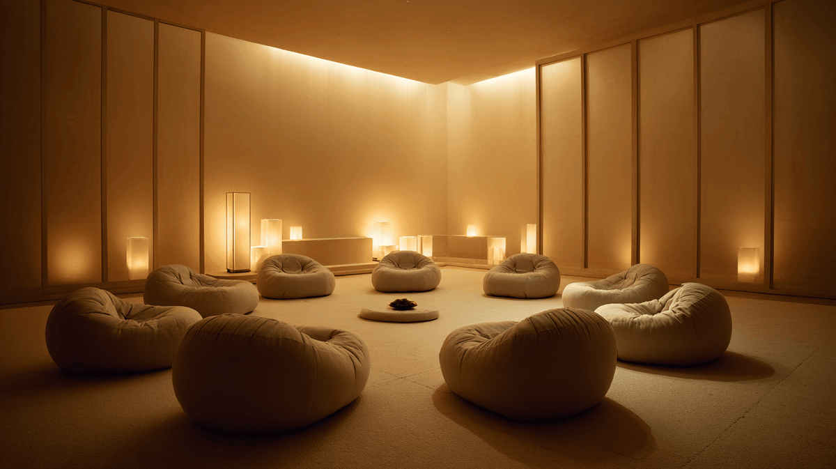 Sound bath ritual with air chairs in a minimalist Japanese-inspired wellness space for burnout recovery