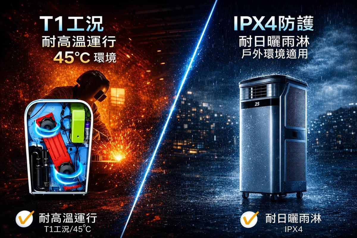 可在高溫氣候條件下45度正常運行，全機IPX4防潑淋防護，屬於工業型級的降溫冷卻移動空調。