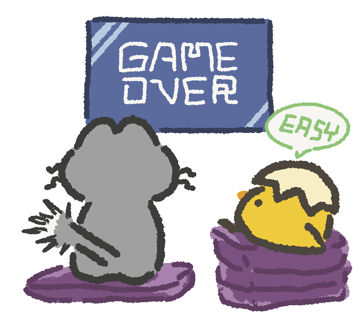 『こんなイラストレーターに依頼したい! ~選ばれるプロのルール』の本文中挿絵イラストです。ことゲーム業界において、ユーザーたちの目は肥えてきており求められるクオリティも上がってきている、といった内容のために制作していただきました。ゲームオーバーになったねこに、ひよこが「イージーモードにすれば?」と助言しているところです。 『こんなイラストレーターに依頼したい! ~選ばれるプロのルール』の本文中挿絵イラストです。ことゲーム業界において、ユーザーたちの目は肥えてきており求められるクオリティも上がってきている、といった内容のために制作していただきました。ゲームオーバーになったねこに、ひよこが「イージーモードにすれば?」と助言しているところです。