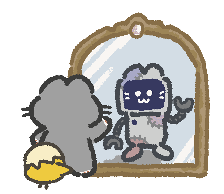 『こんなイラストレーターに依頼したい! ~選ばれるプロのルール』の本文中挿絵イラストです。テクノロジーをなかったことにはできず、生成AIとは付き合い方を考えていかねばならない、といった内容のために制作していただきました。ひよこが鏡に写ったロボットを恐れてねこに隠れているのがかわいいです。 『こんなイラストレーターに依頼したい! ~選ばれるプロのルール』の本文中挿絵イラストです。テクノロジーをなかったことにはできず、生成AIとは付き合い方を考えていかねばならない、といった内容のために制作していただきました。ひよこが鏡に写ったロボットを恐れてねこに隠れているのがかわいいです。
