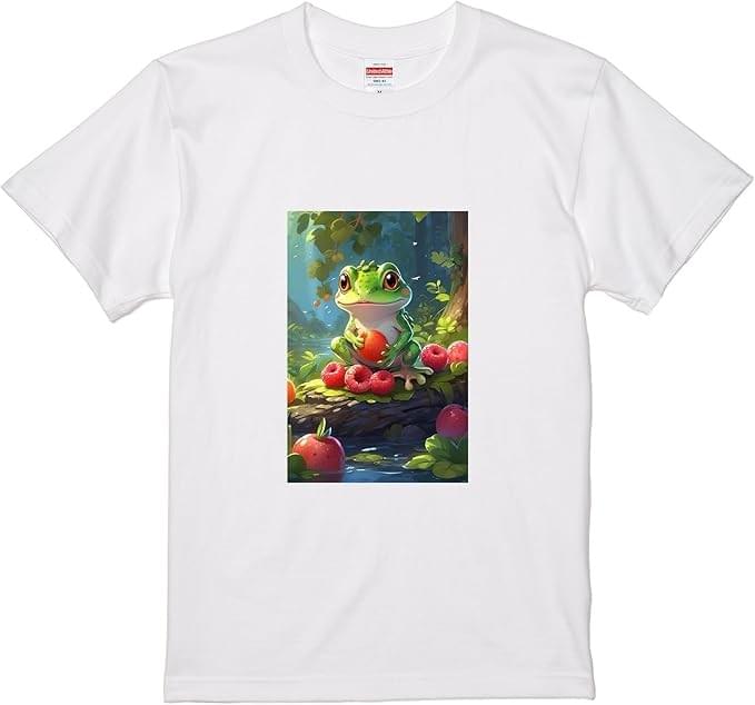 ウクライナ在住のイラストレーターAzotさんのイラストをデザインしたTシャツ『ベリーを持つカエル』です。