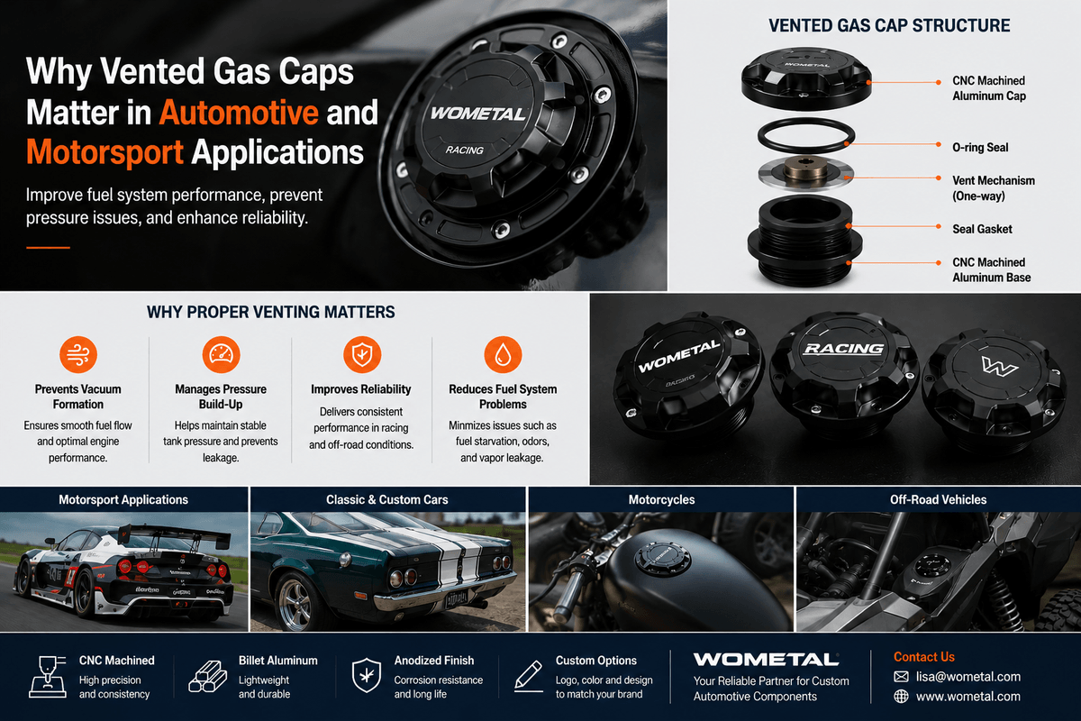 CNC machined aluminum vented gas cap used in automotive and motorsport applications to improve fuel tank pressure management and system reliability.