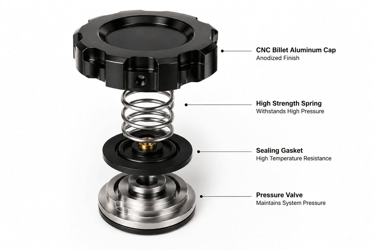Internal structure of billet aluminum racing radiator cap showing spring and sealing components
