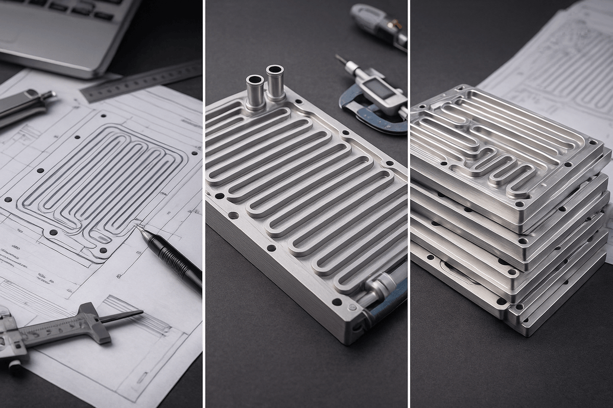 EV cooling plate development stages from technical drawing to machined prototype and first batch production