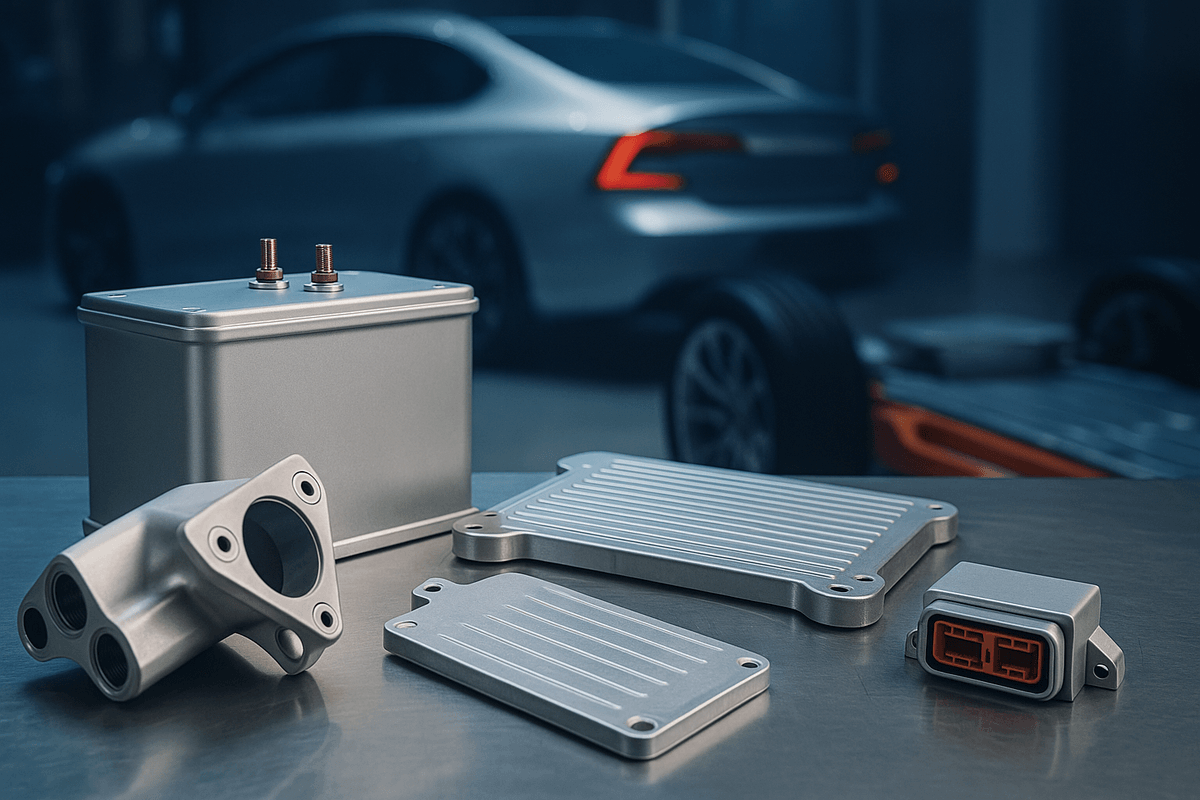 ev battery housing cooling plates and aluminum die cast components for electric vehicles in industrial manufacturing environment