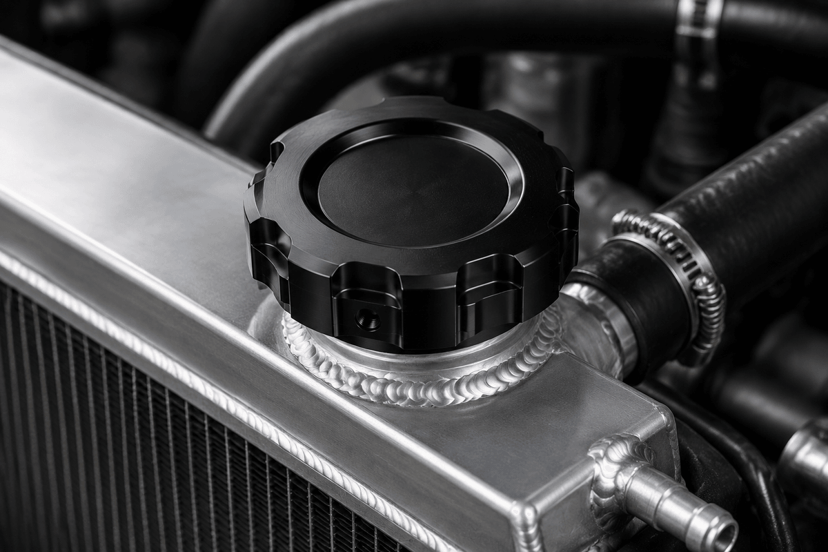 Black anodized locking radiator cap installed on aluminum racing radiator