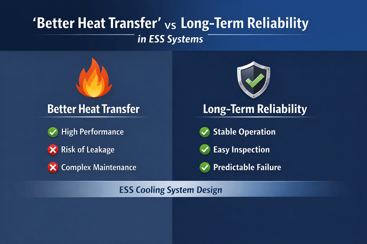 ESS cooling design comparison between heat transfer performance and long-term reliability