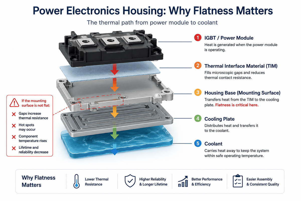 Thermal path from IGBT module through housing and cooling plate showing the importance of mounting surface flatness