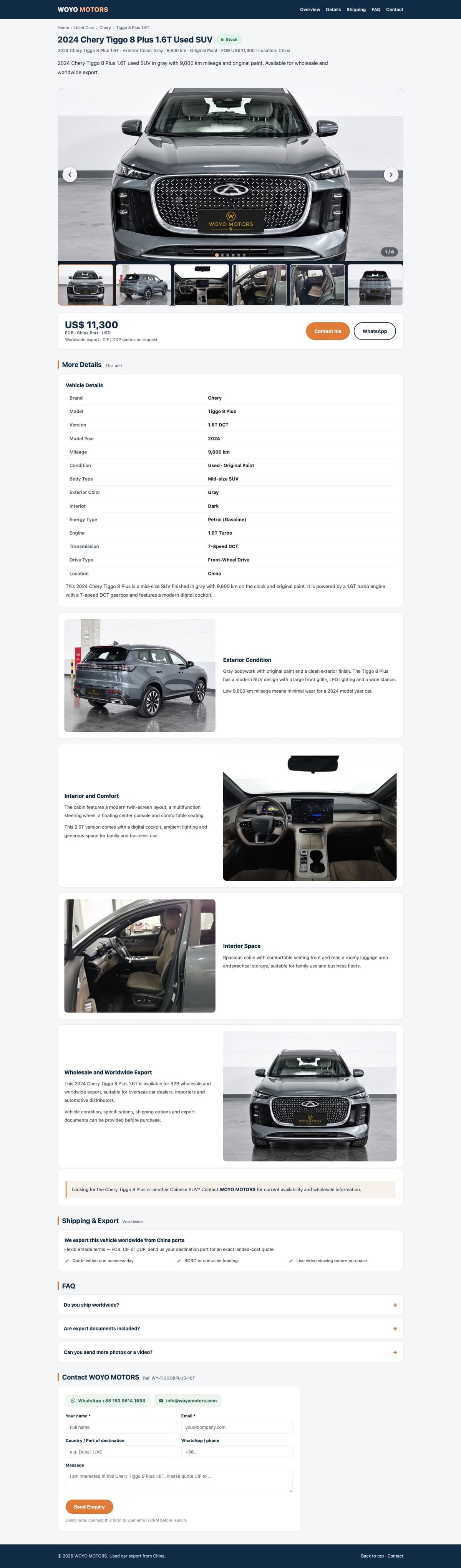 2024 Chery Tiggo 8 Plus 1.6T Used SUV for Export