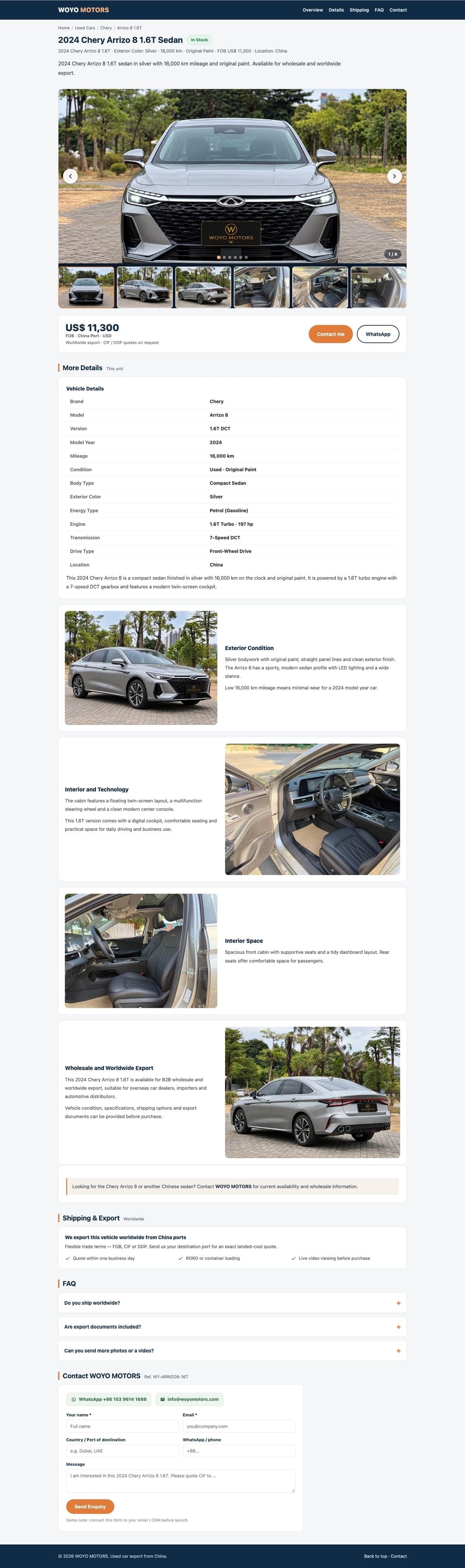 2024 Chery Arrizo 8 1.6T Used Sedan for Export
