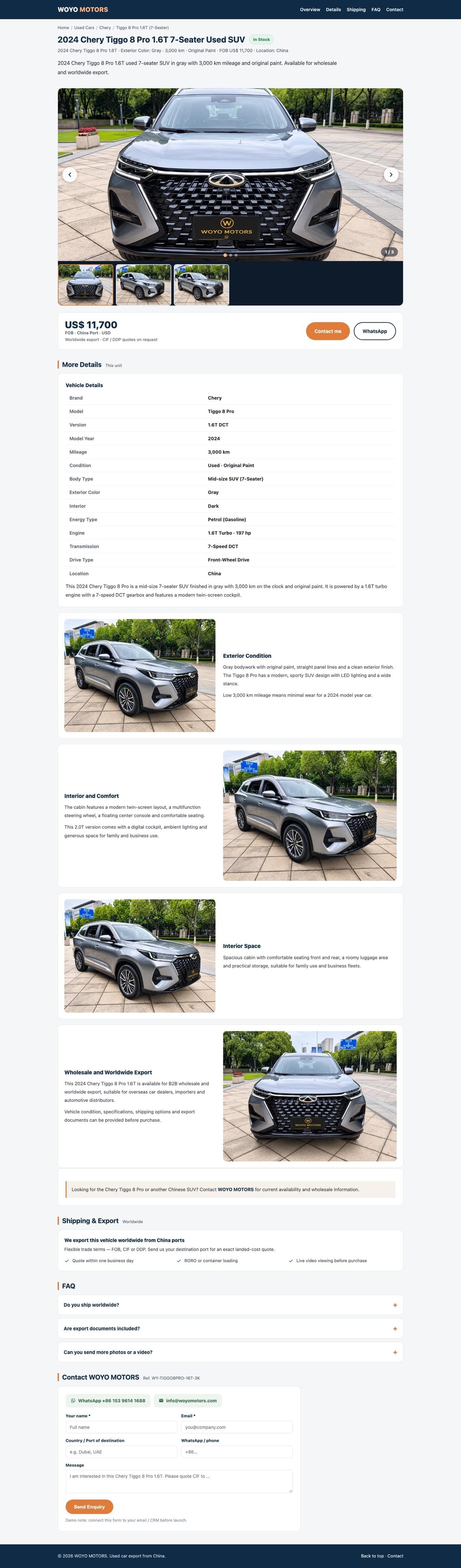 2024 Chery Tiggo 8 Pro 1.6T 7-Seater Used SUV for Export