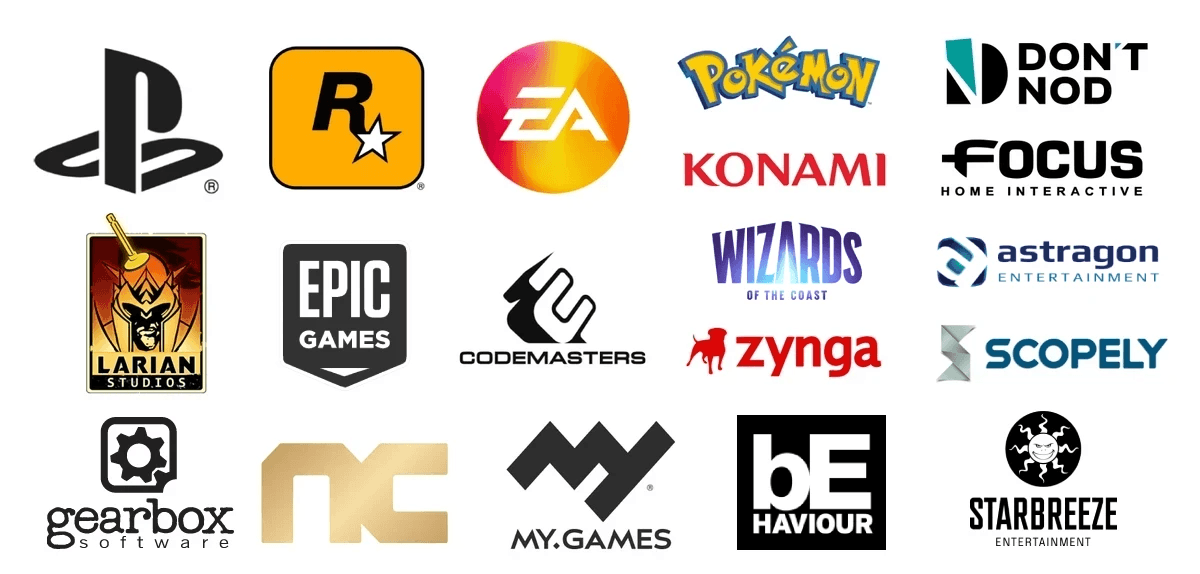 Reset PR pour Sony Playstation, Rockstar Games, EA (Electronic Arts), The Pokémon Company International, Larian Studios, Epic Games, Codemasters, Wizards of the Coast, Kepler Interactive, Focus Interactive, Konami, Cygames, Paradox