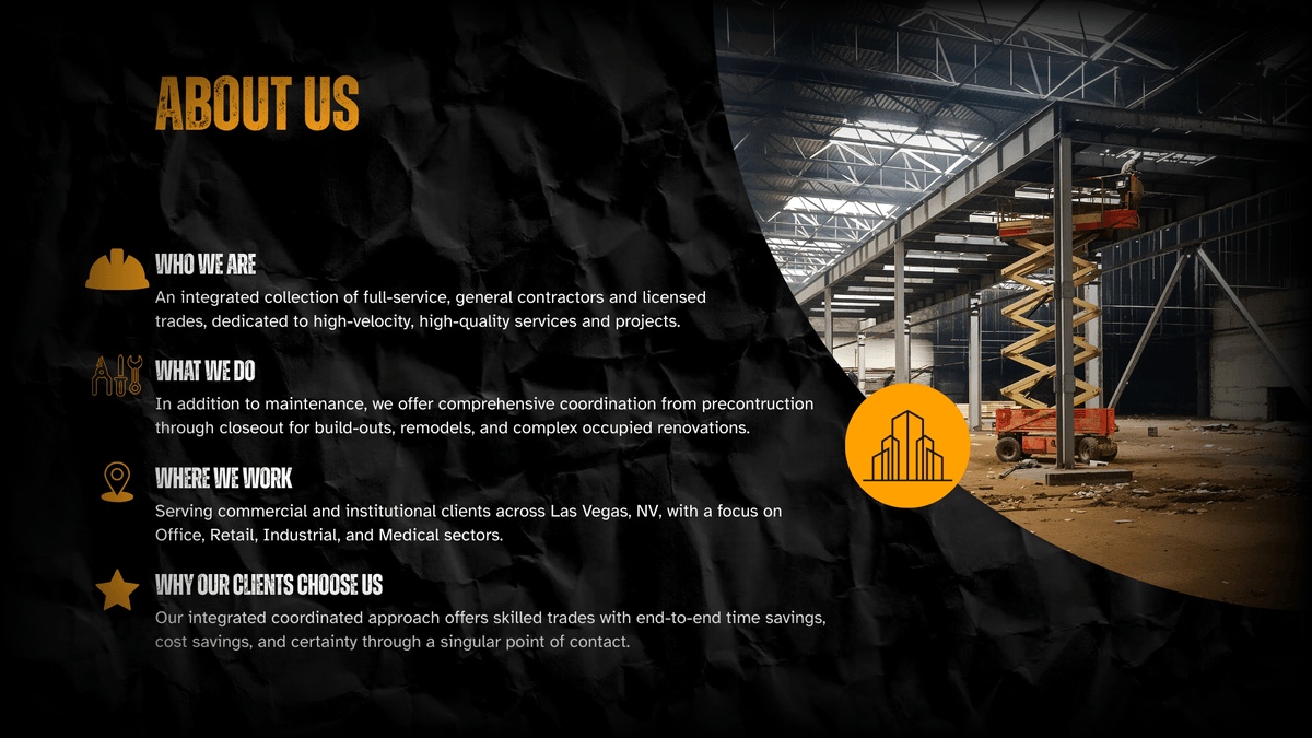 Your Trusted Partner in Construction Services General Contractor construction business, plumbing, hvac, electrical. Colors black white dark yellow