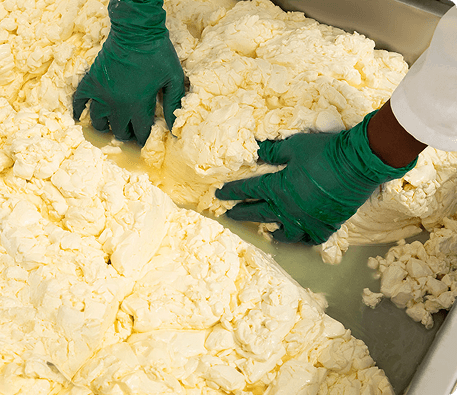 Hands stretching fresh mozzarella curd during the traditional Fior di Latte cheesemaking process.